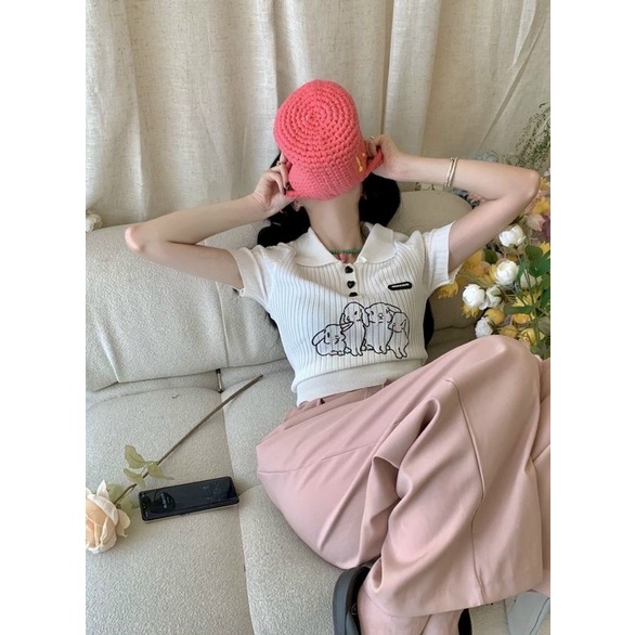 Áo thun croptop cổ bẻ gài nút hai màu 💕💕💕💕GB alohashop91