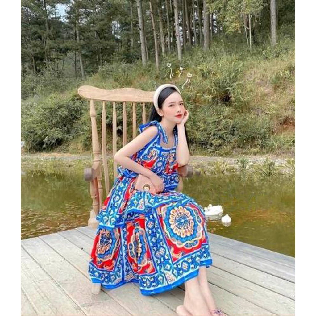 Đầm maxi đi biển họa tiết thổ cẩm xòe tầng 2s nơ vai sống ảo siêu xinh | BigBuy360 - bigbuy360.vn
