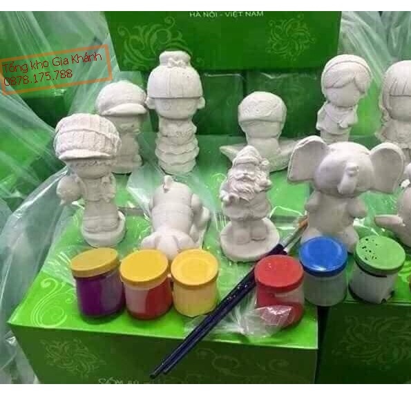 Bộ Tô Tượng Cho Bé, Tượng Thạch Cao gốm sứ Bát Tràng combo 10 mẫu (7-9cm) tặng bộ màu, vỉ, cọ cho bé khám phá