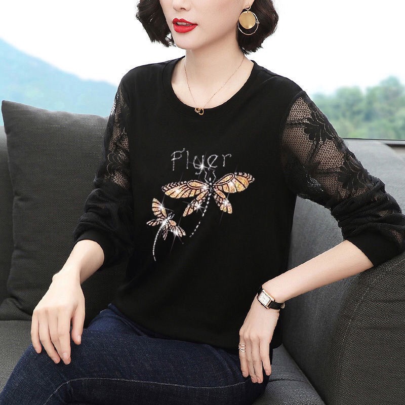 Áo thun tay dài phối ren thời trang xuân thu cho phụ nữ trung niên