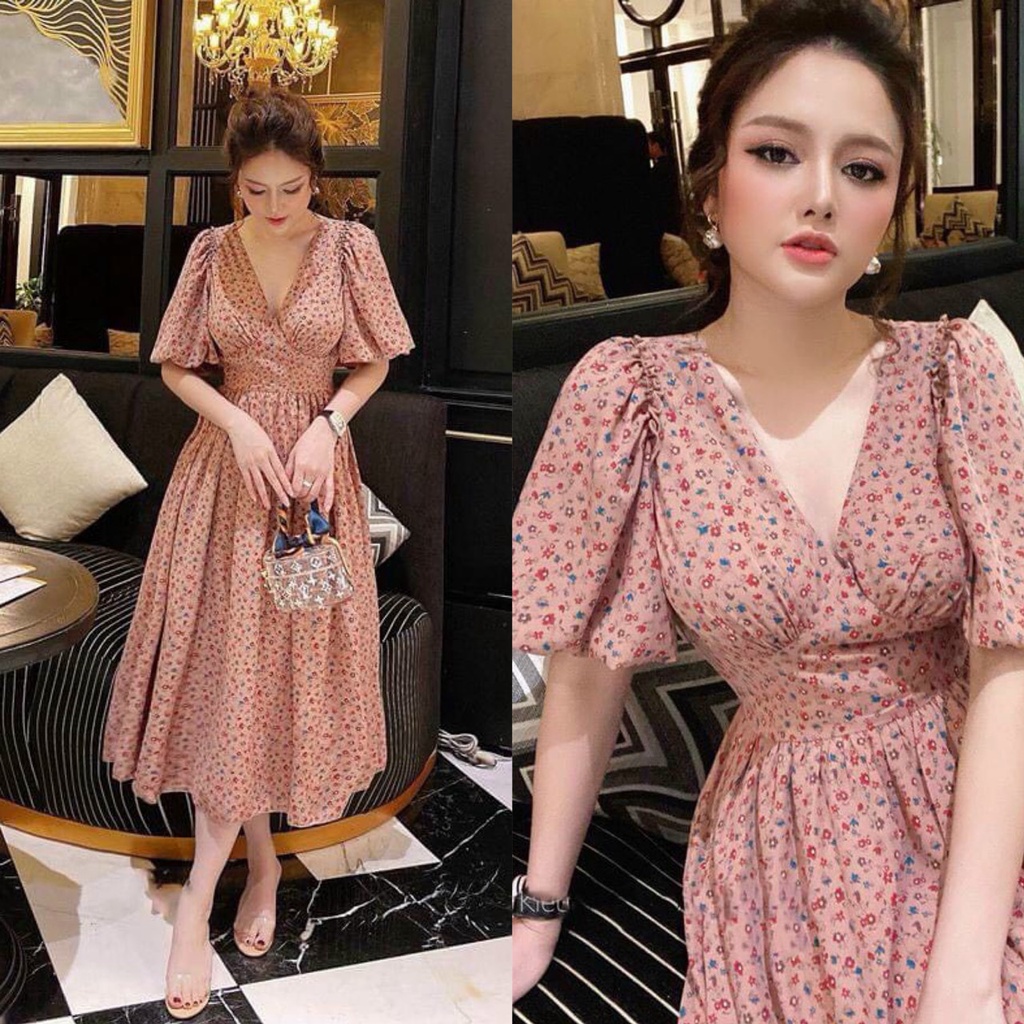 Váy đầm hoa xòe ngắn tay cổ v ôm eo mẫu được thiết kế năng động trẻ trung phù hợp mọi phong cách
