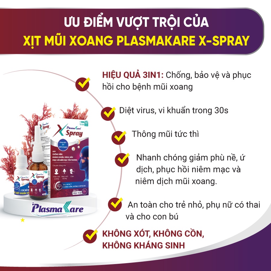 Combo 01 súc miệng họng PlasmaKare và 01 xịt mũi xoang PlasmaKare X-spray toàn diện cho cúm, VlÊM XOANG, VlÊM mũi dị ứng