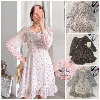 [Ảnh thật] Đầm hoa nhí đuôi cá tay phồng phối nút vintage