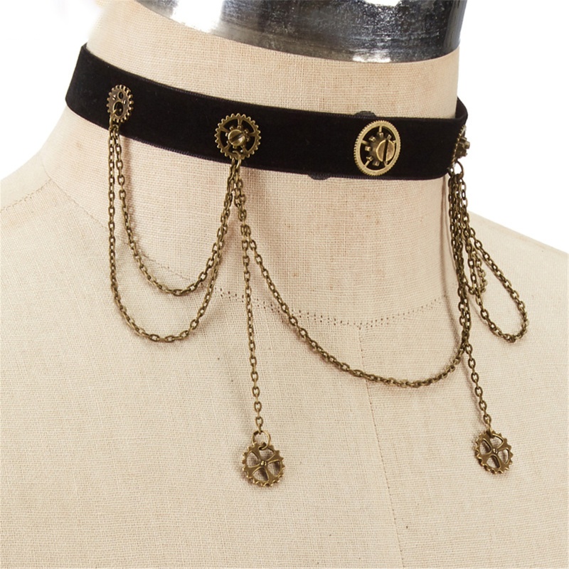 Vòng Cổ Choker Nhung Đen Phong Cách Steampunk Cổ Điển Kèm Dây Xích Kim Loại Có Thể Điều Chỉnh