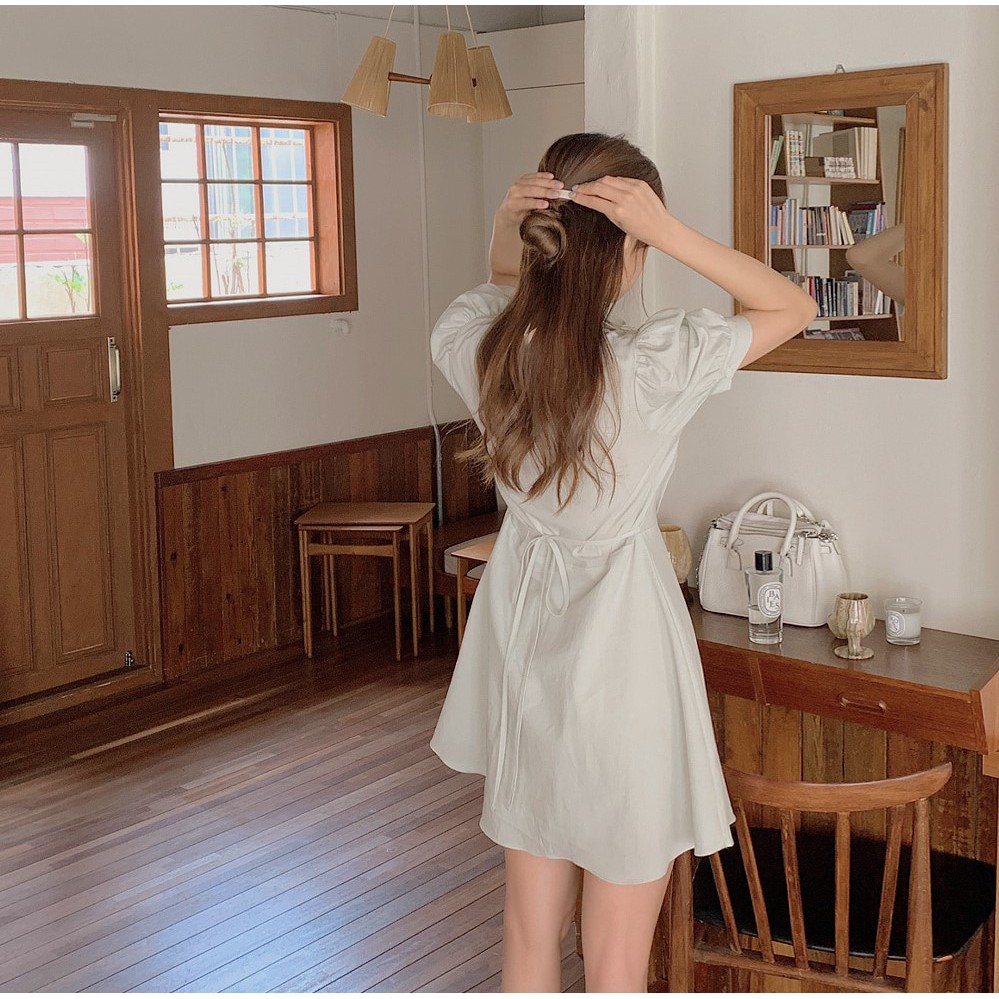 Đầm 44778 thời trang tay ngắn lưng cao màu trơn phong cách Hàn Quốc thanh lịch