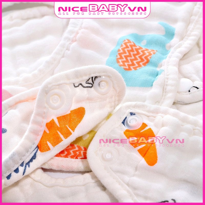 Yếm Vải Xô Vuông 6 Lớp Cúc Bấm Nền Trắng Cho Bé Ăn Dặm Siêu Thấm Hút Mềm Mại NiceBabyVn