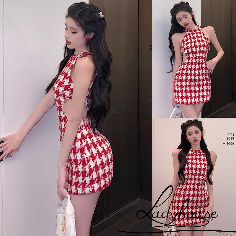 Ldd-đầm Ôm Dáng Không Tay Khoét Lỗ Rỗng Đính Đá Màu Đỏ Cho Nữ