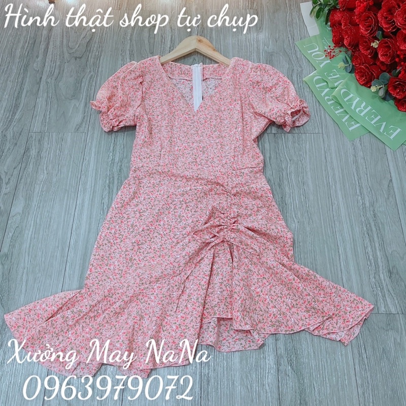 Đầm hoa nhí tay phồng rút dây