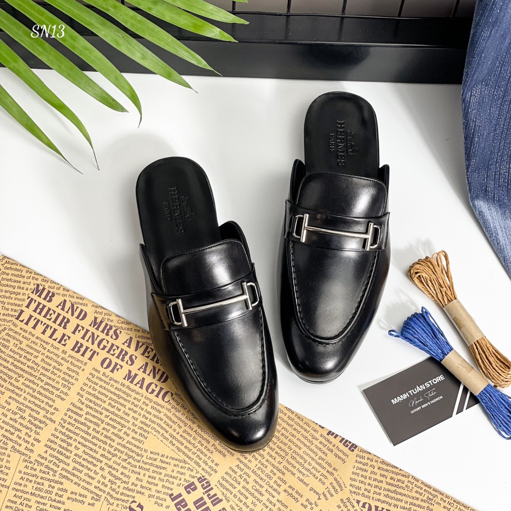 Sục nam cao cấp - Giày mules Hermes nam SN13 Da bò nguyên miếng, đế gỗ sồi cùng quai kim loại cực kì sang trọng SN13