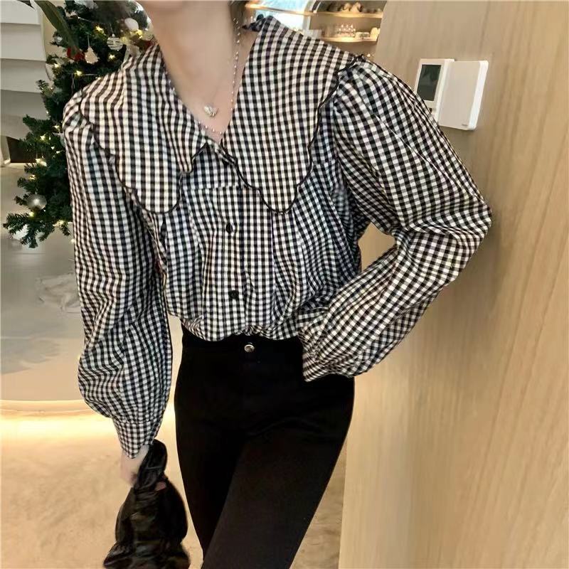 Áo sơ mi tay dài cổ búp bê họa tiết kẻ sọc phong cách retro đáng yêu cho nữ