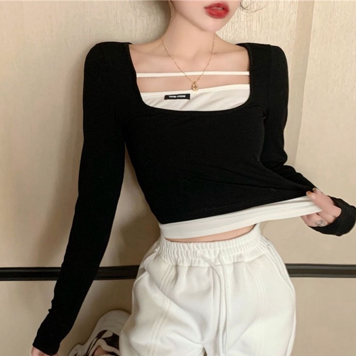 Áo thun tay dài ôm dáng 2 màu tùy chọn thời trang mùa thu Hàn Quốc trẻ trung cho nữ