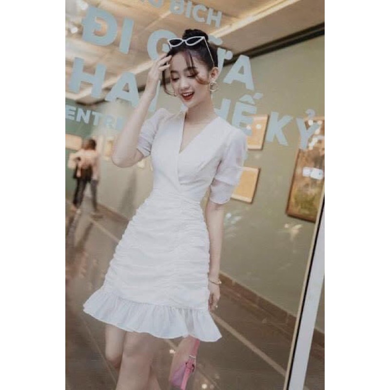 Đầm thiết kế đầm nữ trắng dễ thương dạo phố dự tiệc cổ tim đắp chéo có lót toàn thân | BigBuy360 - bigbuy360.vn