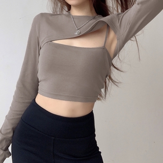 Bộ áo khoác ngoài dài tay cổ tròn màu trơn + áo 2 dây cổ chữ U cho nữ