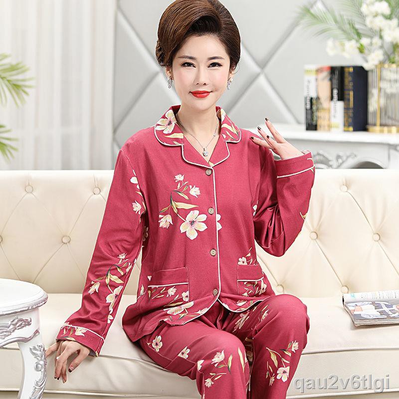 Pyjama nữ tay dài cotton Phù hợp với người cao tuổi cardigan plus size home serviceJ
