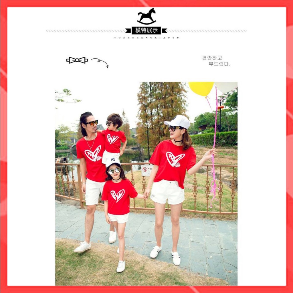 Áo gia đình Familylove - Mẫu Áo gia đình nét vẽ Trái tim rất đẹp màu Đỏ Cotton 100%
