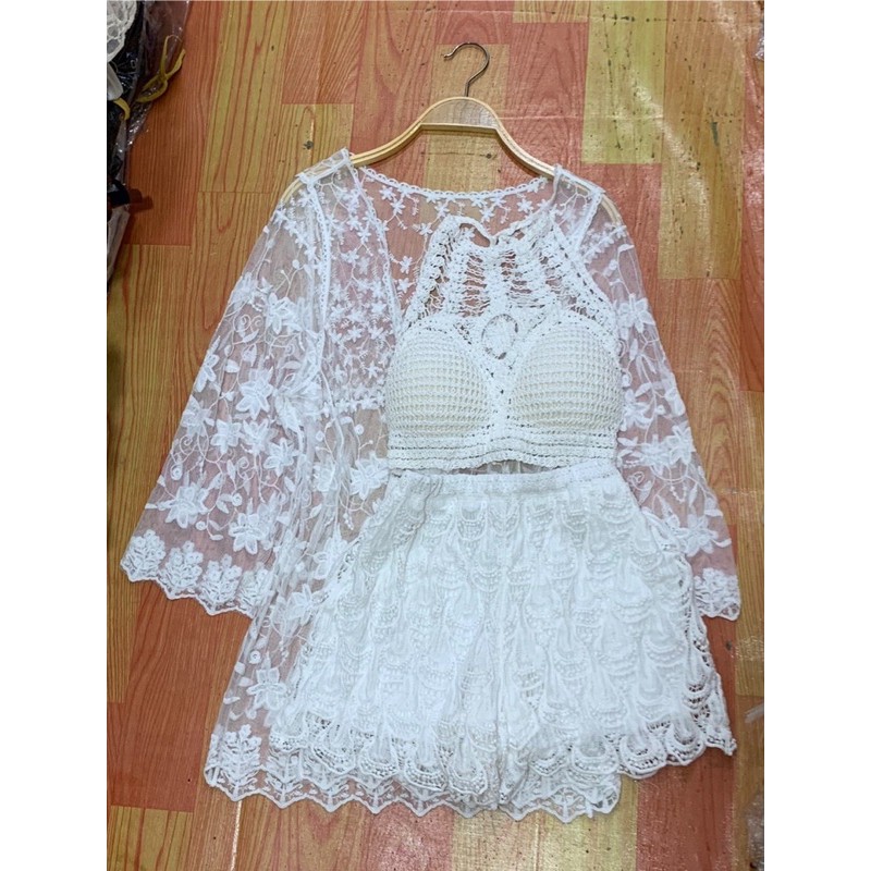 set biển - set 3 món - bra kiểu cổ yếm + quần ren hoạ tiết vây cá + choàng ren hoa nhỏ (có tách rời)