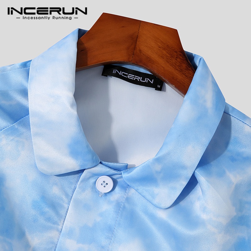 Áo sơ mi croptop INCERUN tay dài màu xanh nhuộm thời trang cho nam