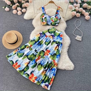[ORDER TAOBAO](SẴN XANH ĐEN SIZE S) SET VÁY HOA CROPTOP CV XOÈ ĐI BIỂN