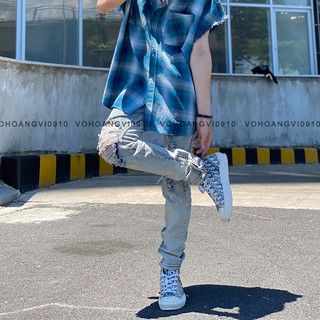 Quần jean Pacsun xanh zipper rách gối skinny cao cấp