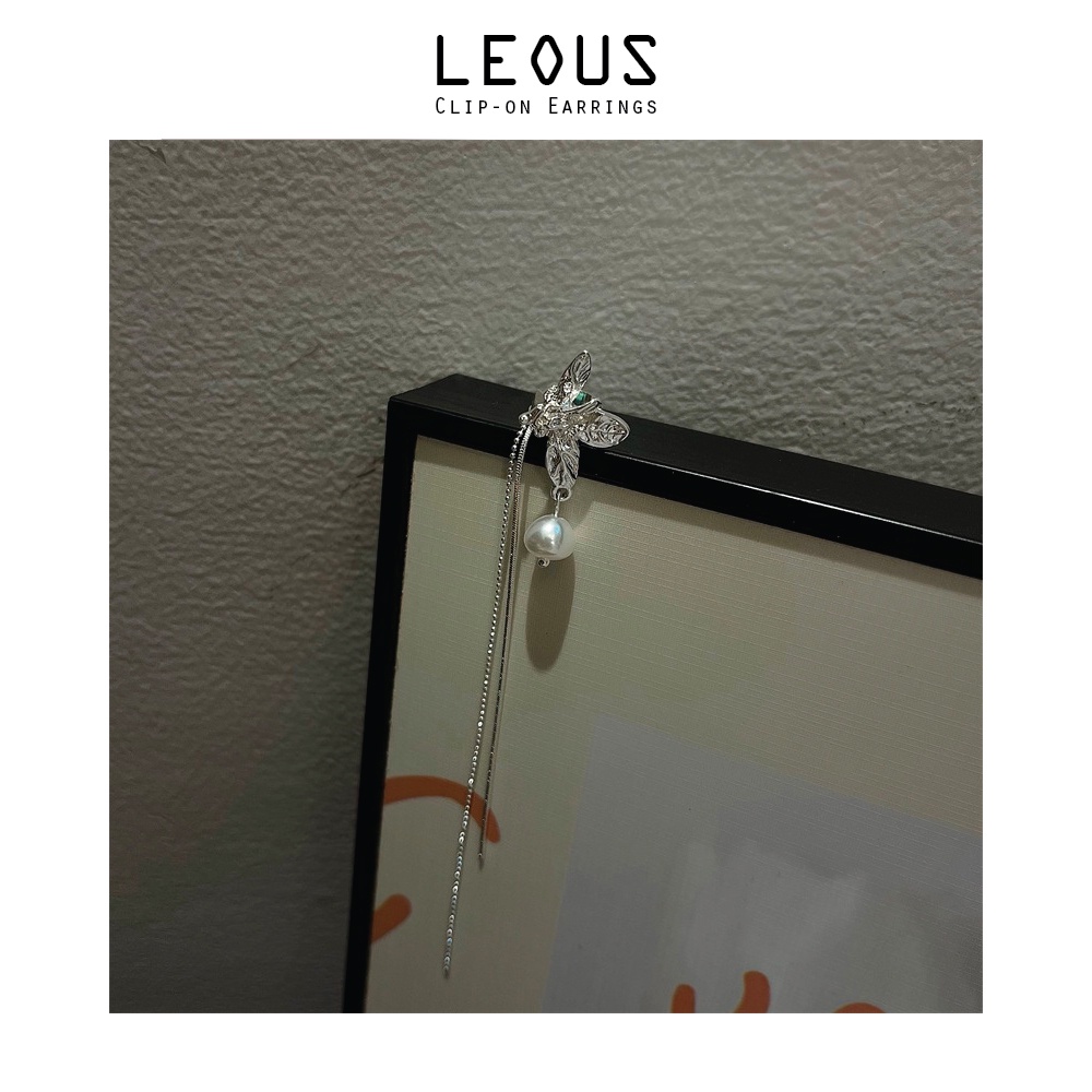 Khuyên tai kẹp vành một bên không bấm lỗ K102 bằng hợp kim mạ bạc hình bông hoa đính hạt trai dáng dài Leous Accessories