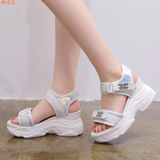 Giày sandal đế bánh mì quai ngang lấp lánh bắt mắt độc đáo cho nữ