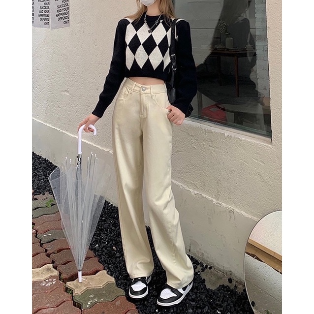 Quần Jeans Suông Dài Màu Kem Nam Nữ Ống Đứng Chất Jean Kaki Phong Cách Ulzzang Basic Đi Học Đi Làm