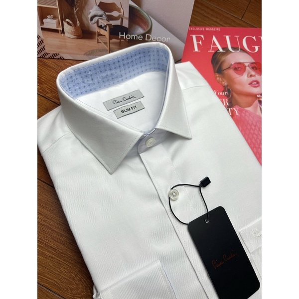 Sơ mi dài tay trắng tinh khôi nhà Piere Cardin hàn, chất cotton vân chéo, dáng slimfit, vạt bầu