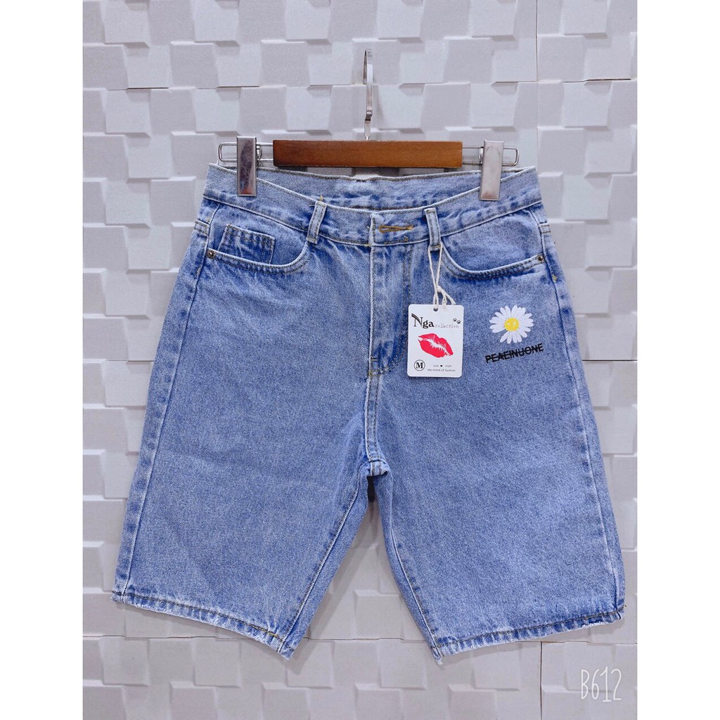 Quần jean ngố lửng thêu hoa cúc chữ gạch hot hti ảnh thật
