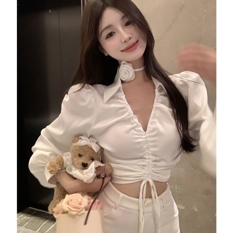 Áo Sơ Mi Chiffon Tay Dài Cổ V Phối Dây Rút Thời Trang Dành Cho Nữ