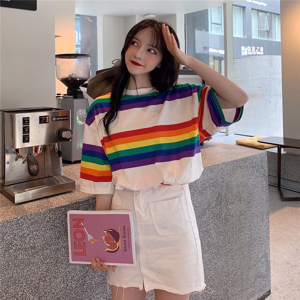 Áo Thun Ngắn Tay Dáng Rộng Họa Tiết Kẻ Sọc Màu Cầu Vồng Phong Cách Hàn Quốc Thời Trang Cho Nữ