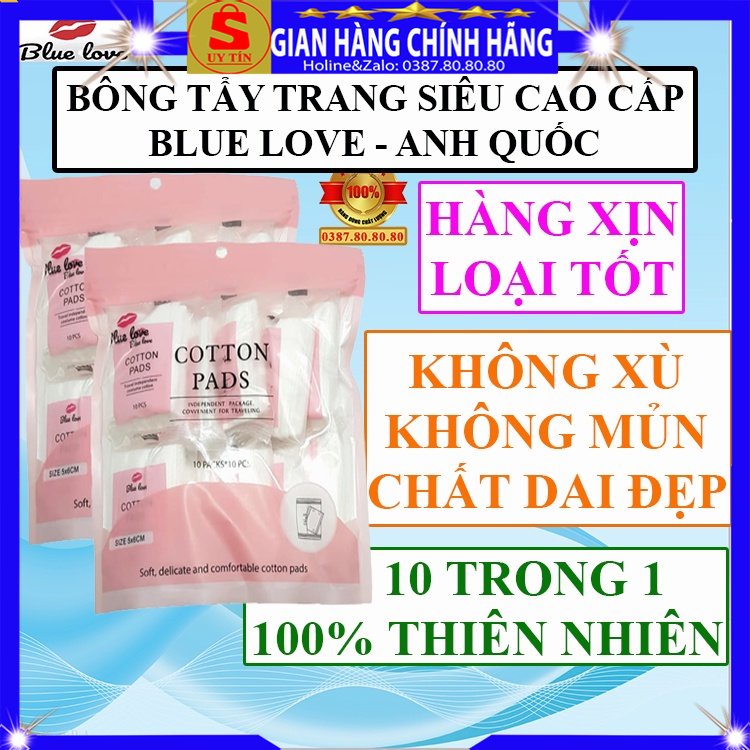 Bông tẩy trang 3 lớp cotton pads cao cấp xịn Blue Love Anh Quốc siêu mềm mịn dai không xù xơ không mủn 100 miếng vuông