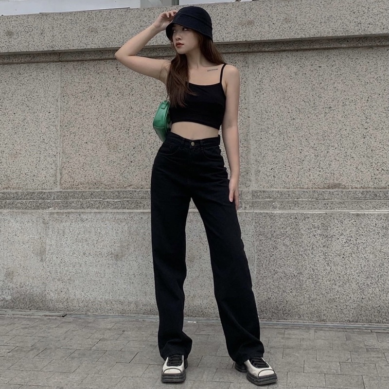 Quần Jeans Suông Màu Đen Tuyền Ống Suông Cạp Cao Phong Cách Ulzzang Hàn Quốc Đủ Size