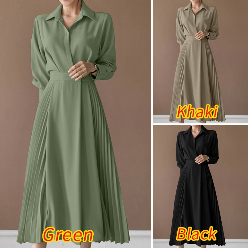 Đầm dài ZANZEA thiết kế đai eo tay dài xếp ly thời trang vintage thường ngày cho nữ