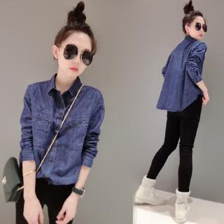 áo sơ mi bò nữ []tay dài cổ đứng thời trang mẫu mới phong cách âu châu mùa Hạ.