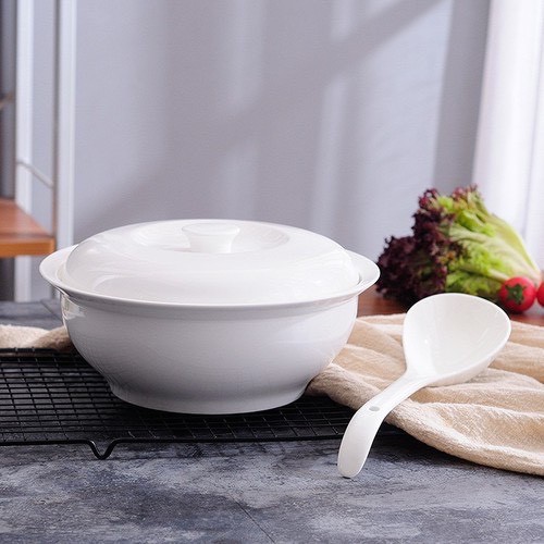 Thố sứ trắng 9 inch đựng cơm, tô canh có nắp đậy cỡ đại – TALI HOUSE