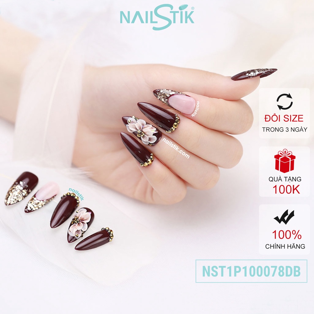 Bộ móng dán Nailstik party, màu đỏ rượu, form móng bầu, dài 078