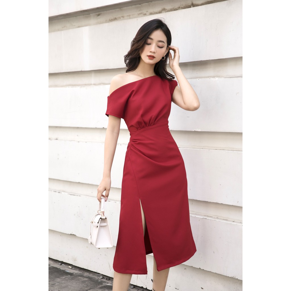 Đầm dài cổ lệch Oversized xếp nhún 1 bên eo tà trước xẻ hở [TY9]