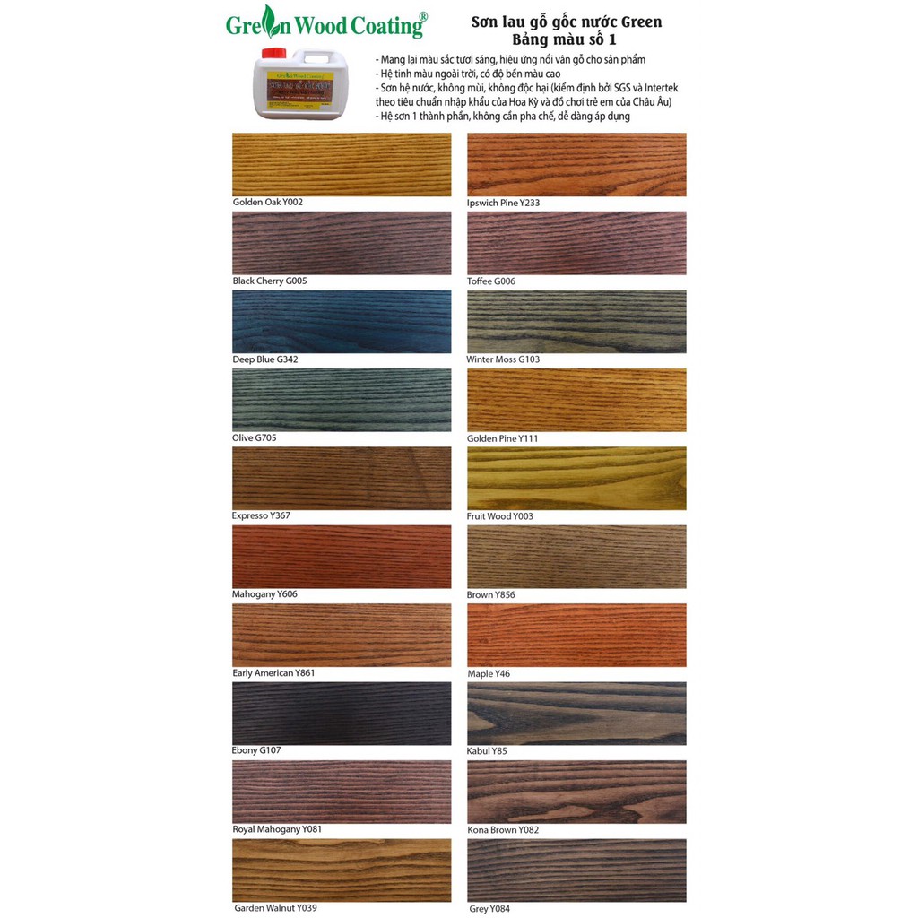 Sơn lau gỗ gốc nước Green - Bảng màu số 2 - (Water-Based Wood Stain)