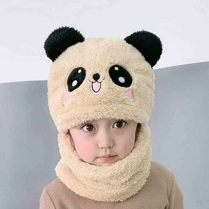Mũ lông cừu kèm khăn hình gấu Panda cho bé Nón len trẻ em lông cừu liền khăn cổ hình gấu ấm áp mùa đông