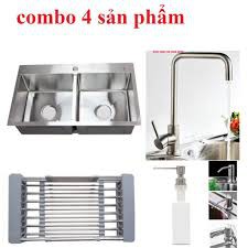 Combo Chậu Rửa Chén Đúc Inox 304 Kích Thước 82x45 cm ,vòi rửa chén vuông nóng lạnh,bình xà phòng , rỗ đựng chén