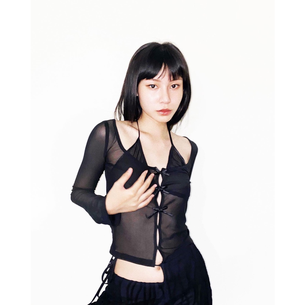 TMRSTUDIOS  - ÁO TAY DÀI LƯỚI ĐÍNH NƠ NHỎ NHẮN XINH XẮN - TINYBOW TOP