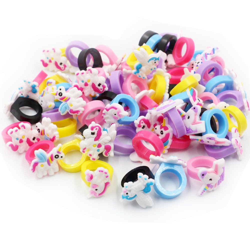 Set 10 nhẫn đeo tay hình kỳ lân bằng silicon PVC nhiều màu dễ thương cho bé
