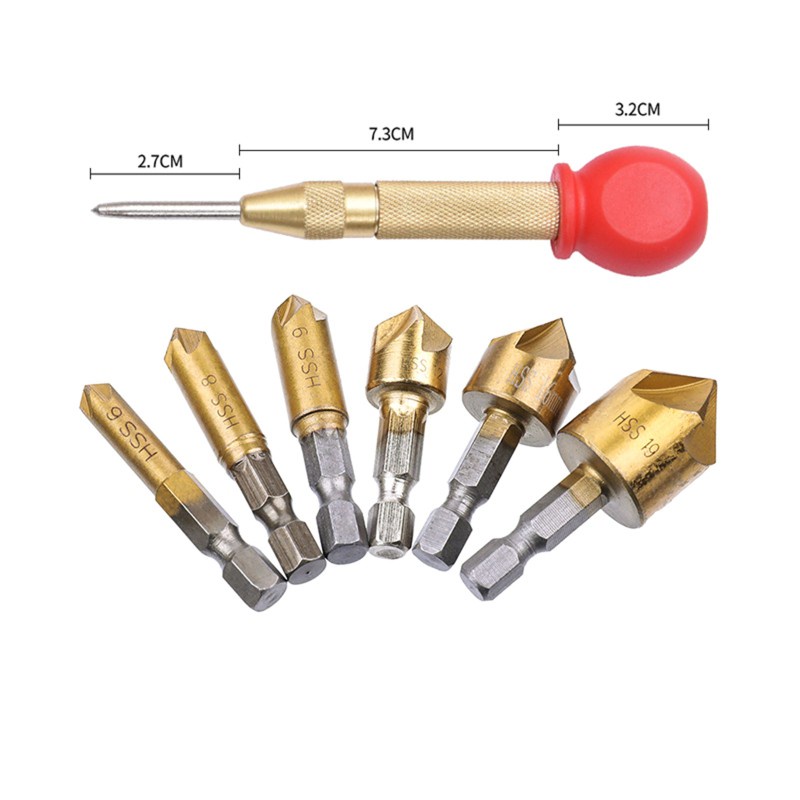 zong  6pcs 1/4" Hexagonal Shank Titanium Coated 5 Flutes HSS Countersink Chamfer Drill Bit with Center Hole Punch