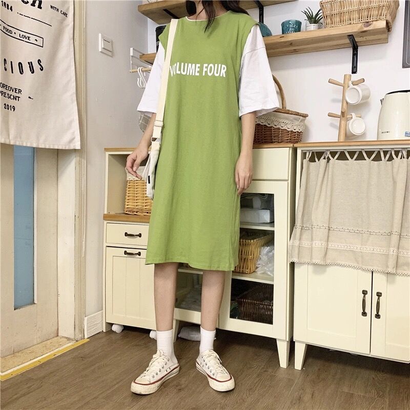 Đầm Tay Ngắn Dáng Rộng In Chữ Thời Trang Hàn Quốc