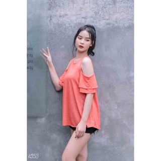 Áo thun nữ cộc tay ngắn hở vai có bèo hai tầng dáng rộng, cổ tròn, hàng VNXK VFashion K353