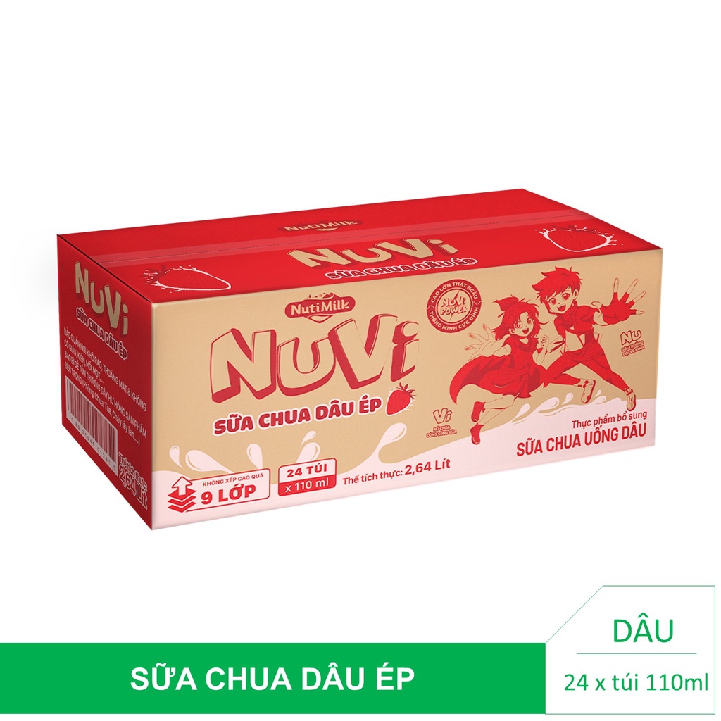Thùng 24 túi NuVi Sữa chua uống Dâu túi NuVi Power 110ml/túi