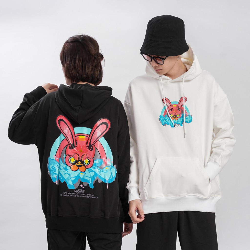 Áo mũ Hoodie E - Rabbit Unisex N7 Oversize Ulzzang nỉ bông in họa tiết cặp đôi nam nữ thu đông form rộng 2 màu Hàn quốc