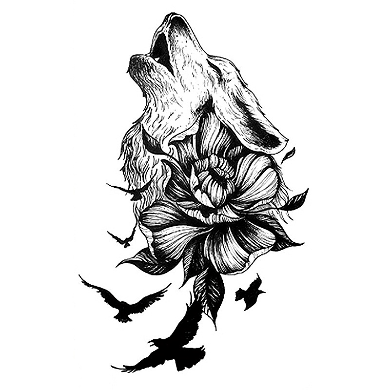 1 Hình Xăm Dán Họa Tiết Đầu Sói Và Hoa 3D Nghệ Thuật