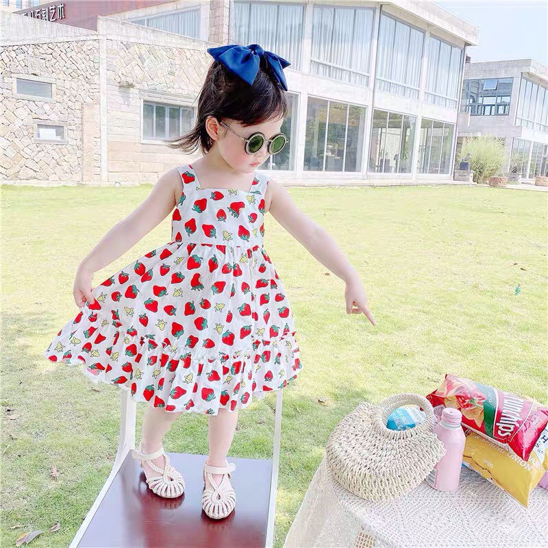 [MÃ MARU471 giảm 10k cho đơn 50k] Váy dâu tây 2 dây chất đũi mềm mại thấm hút mồ hôi cho bé 8-18kg