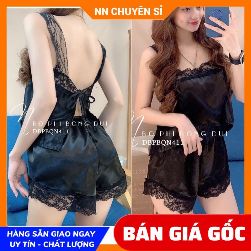 Đồ bộ nữ mặc nhà chất phi bóng mềm mát phối ren dễ thương BPT phi dây tổng hợp